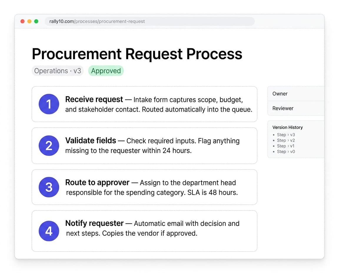 Rally10 AI-assisted import review table for processes and SOPs