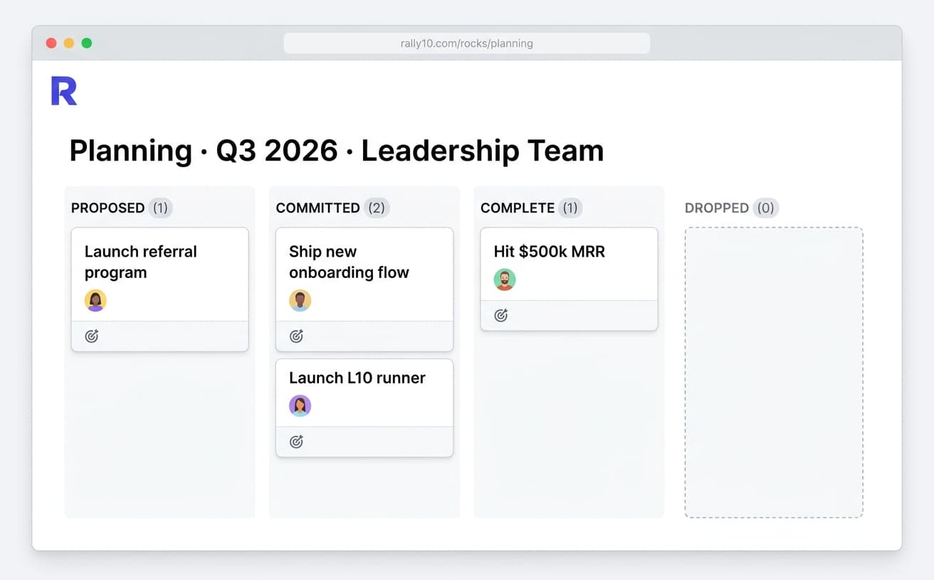 Rally10 quarterly rocks planning board — proposed, committed, complete, dropped
